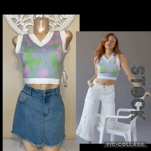 Urban outfitters women Medium vest top sweater knit purple green blue floral nwt